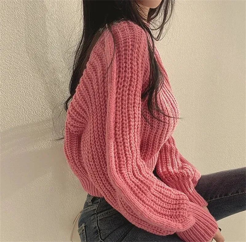 Damen Vintage Strickpullover – Harajuku Lantern Sleeve