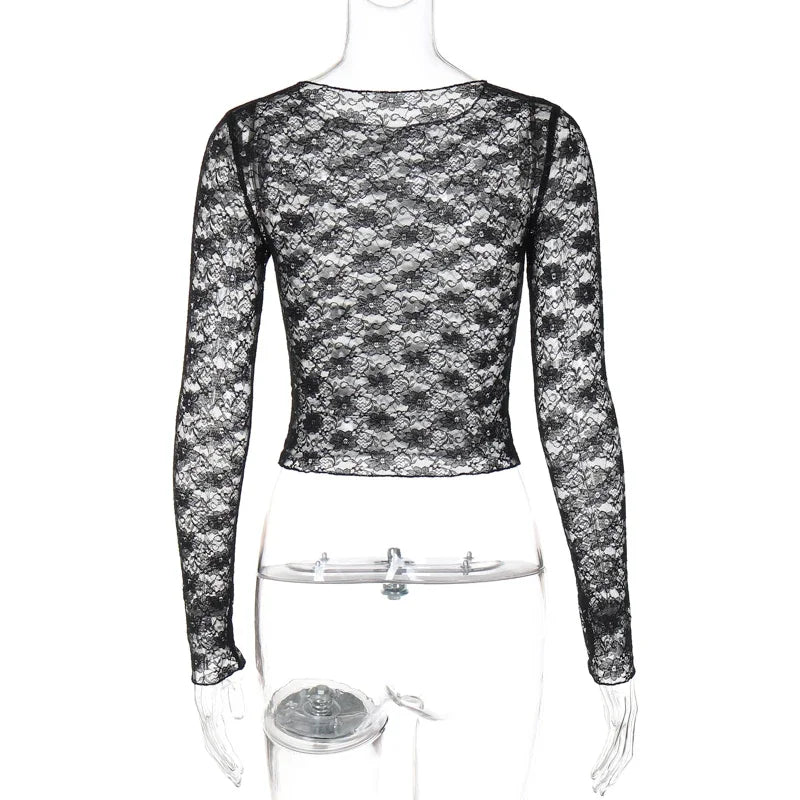 Damen Spitzen Crop Top – Langarm