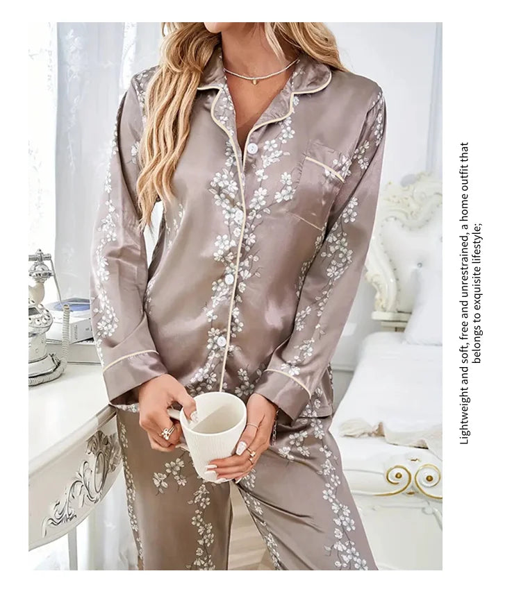 Damen Satin Schlafanzug Set – Langarm & Hose