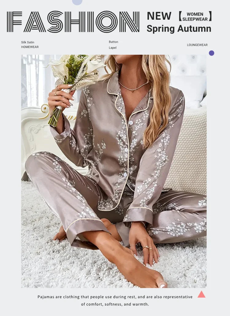Damen Satin Schlafanzug Set – Langarm & Hose