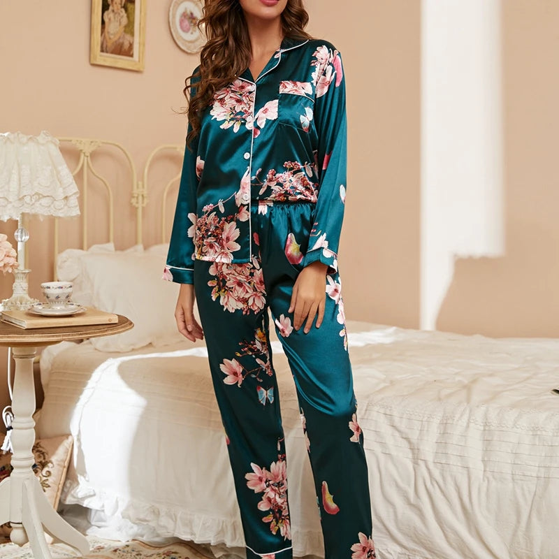Damen Satin Schlafanzug Set – Langarm & Hose