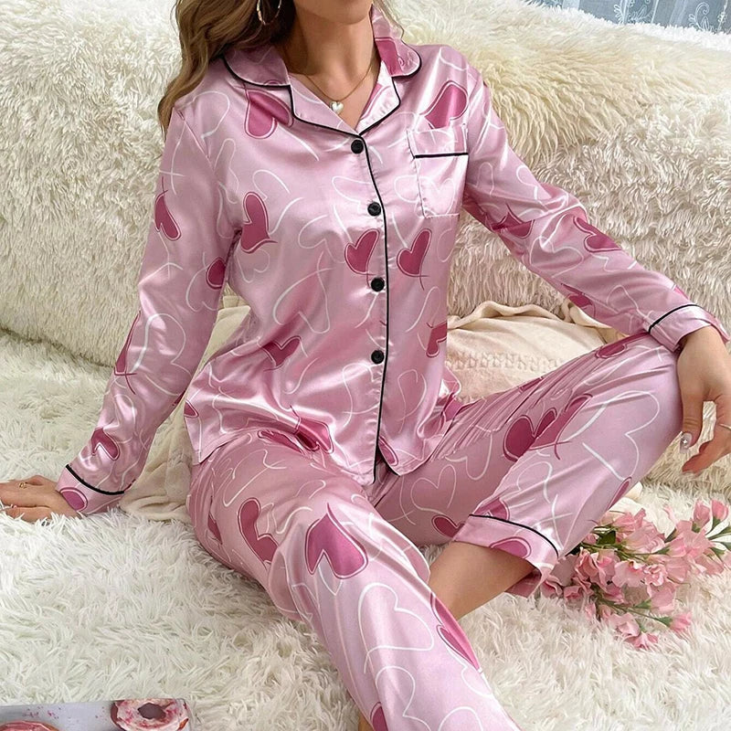 Damen Satin Schlafanzug Set – Langarm & Hose