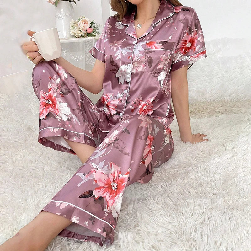 Damen Satin Schlafanzug Set – Langarm & Hose