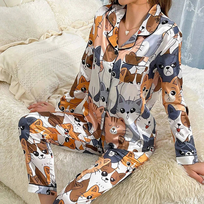 Damen Satin Schlafanzug Set – Langarm & Hose
