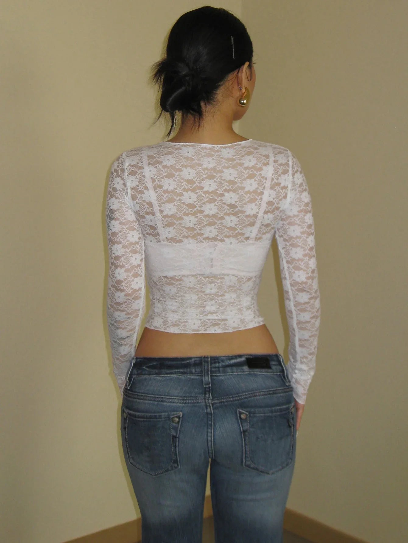 Damen Spitzen Crop Top – Langarm