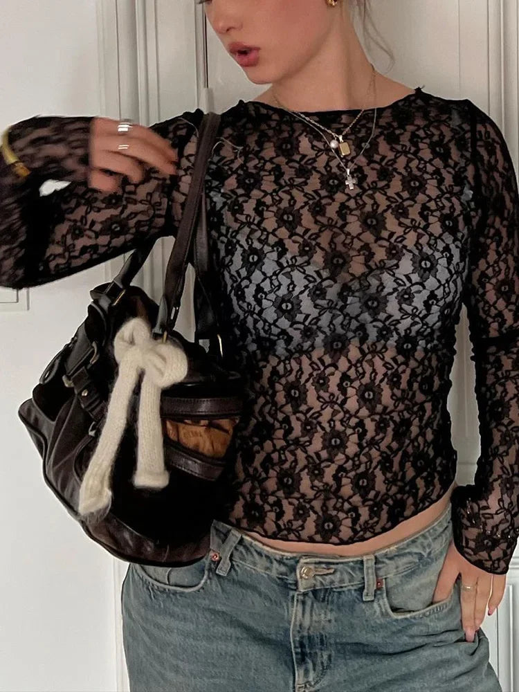 Damen Spitzen Crop Top – Langarm