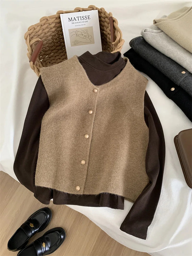 Damen Strickweste – Goldknopf | Ärmelloser Cardigan