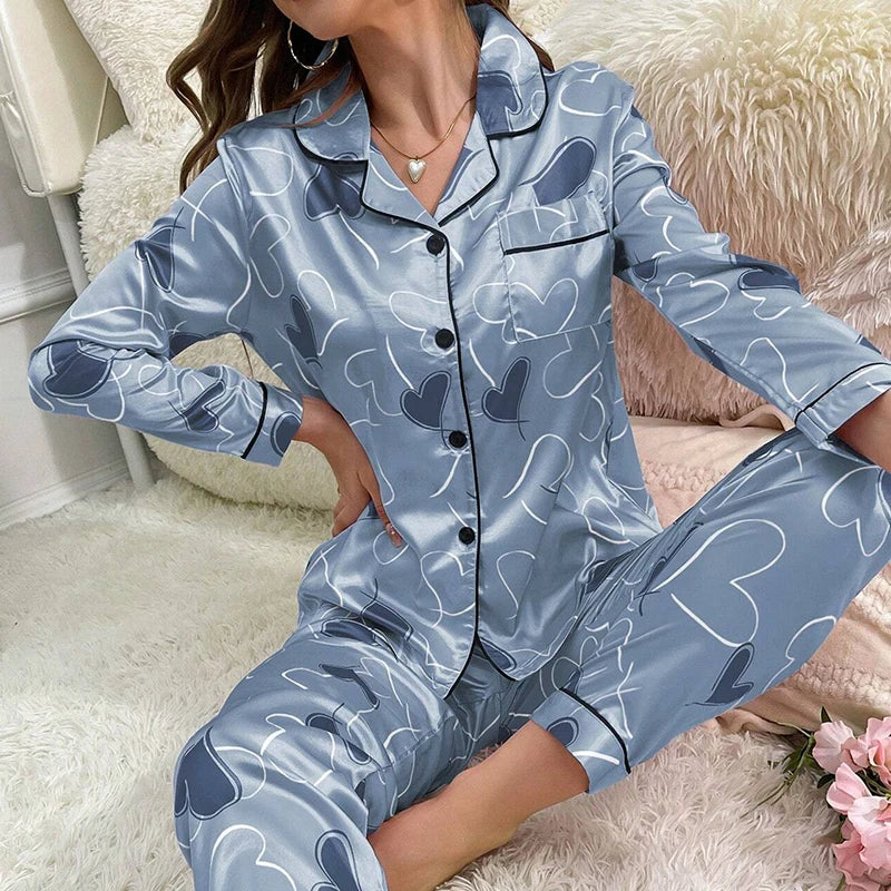 Damen Satin Schlafanzug Set – Langarm & Hose