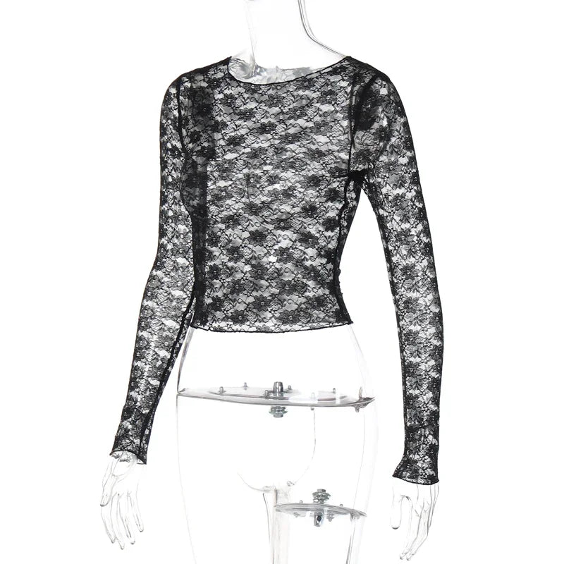 Damen Spitzen Crop Top – Langarm