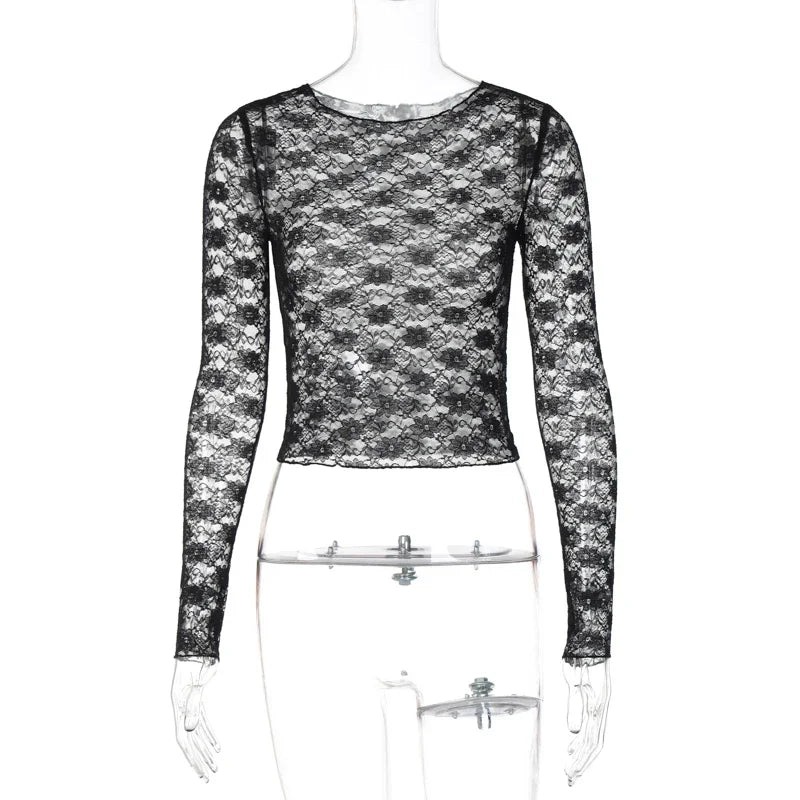 Damen Spitzen Crop Top – Langarm