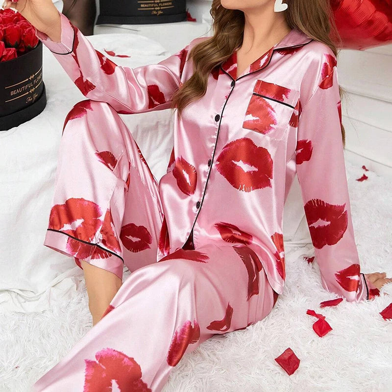 Damen Satin Schlafanzug Set – Langarm & Hose
